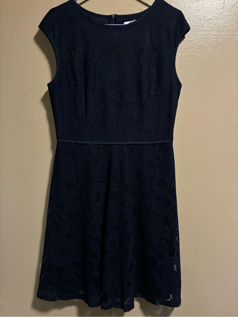 Navy Lace Midi Dress with Cap Sleeves
